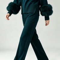 Tyan 2026 – Nouvelle collection automne-hiver : Pull en cachemire tricoté avec poignets en fourrure de renard véritable, couleur sarcelle, et pantalon long épais et chaud pour femme