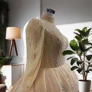 Robe de soirée dorée à perles, col montant, sequins, coupe trapèze, manches longues, robes de bal RSM67131 - Product Image 3
