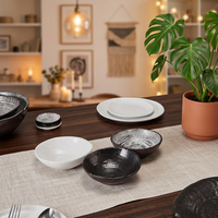 ST Wholesale Ensemble de vaisselle en céramique et porcelaine à glaçure réactive noir et blanc contrastant, assiettes à dîner, assiettes à dessert, pour la restauration, gain de place
