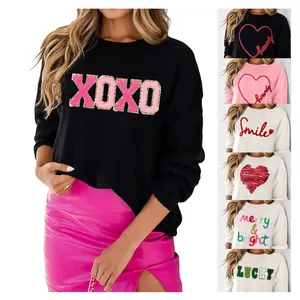 Custom Wholesale High Quality Valentines Embroidery Crew Neck Oversized Pattern Pullover Knit Sweater Women Mardi Gras Apparel