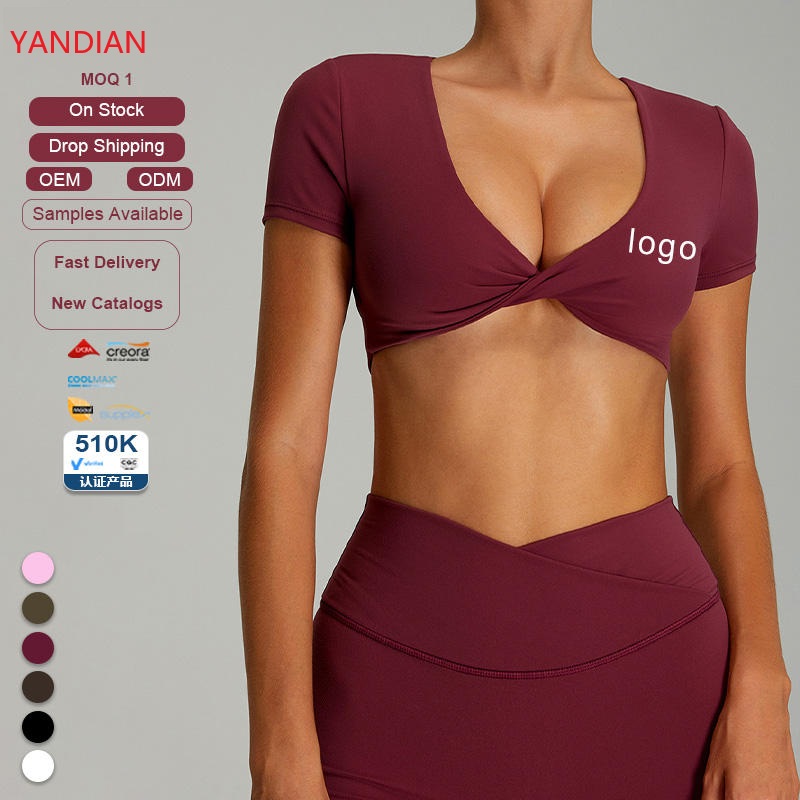 Women's Front Twist Deep V Neck Breathable Skinny Fit Workout Crop Tops Sexy Backless Short Sleeve Quick Dry Yoga Pilates Gym