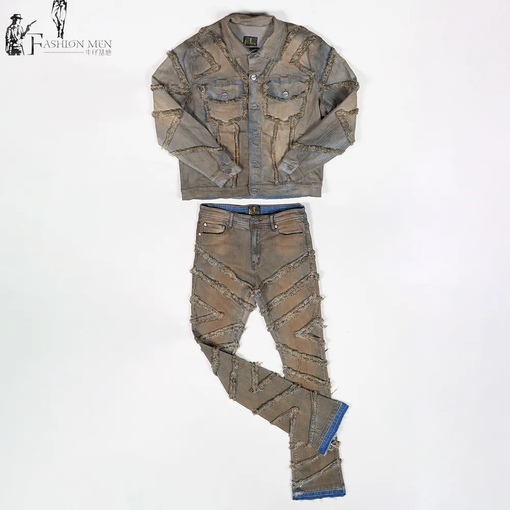 Denim Factory Custom Men's Print 2 Piece Denim Jacket and Pants Denim Set Jeans Suits Men