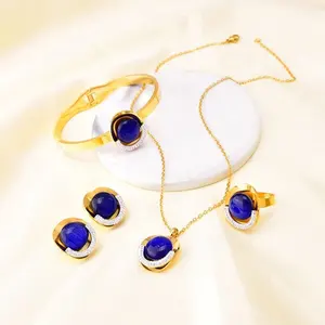4pcs 18k Gold Plated Non Tarnish Stainless Steel Stone Necklace Earrings Bracelet Jewelry Set Women