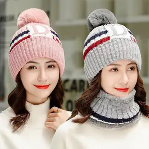 Winter Beanie Hats with Pompom Thick Fleece Lined Scarf Set Warm Knitted Letter Jacquard Hat Skull Cap Neck Warmer Ski Hat