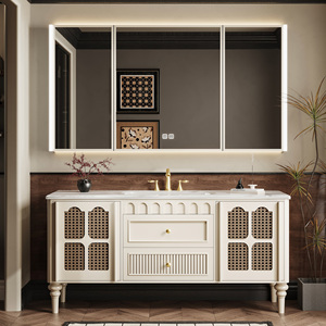 Meuble-lavabo de salle de bain avec lavabo simple ou <span class=keywords><strong>double</strong></span>, meuble-lavabo en bois massif sculpté exquis avec miroir intelligent, armoire de salle de bain - Product Image 1
