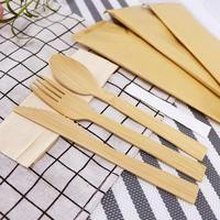 Ensemble de couverts en bambou de qualité alimentaire 5-en-1/4-en-1/3-en-1, couteau, fourchette, cuillère et serviette, personnalisé en usine en Chine, le plus vendu