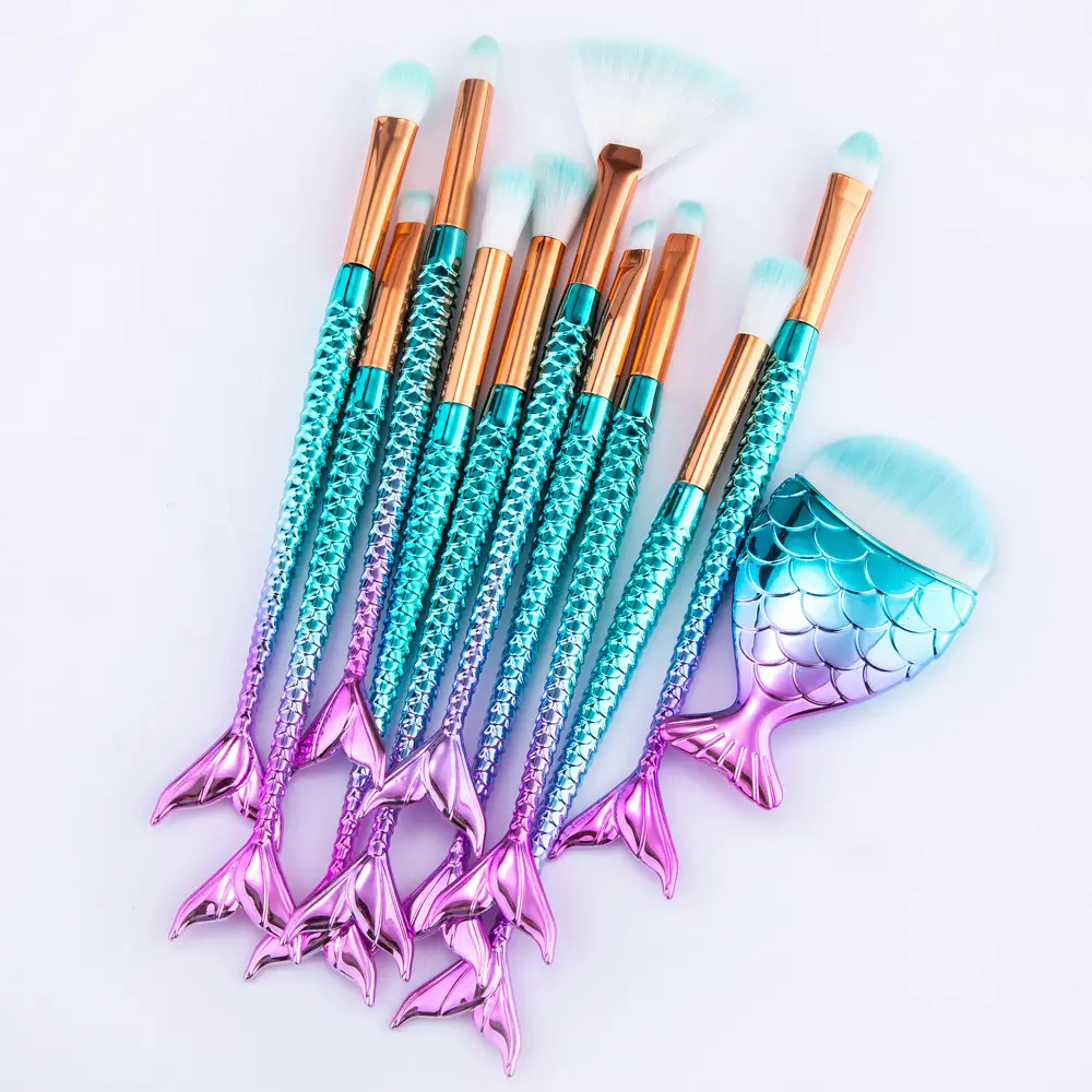 11 pcs custom logo glitter mermaid make up cosmetic brushes tools colorful fish tail handle makeup brush set