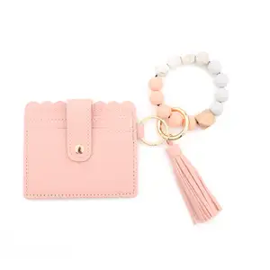 Factory Direct Women Wristlet Card Holder Silicone Beaded Bracelet Keychain Pocket Coin Purse Leather Tassel key chain wallet