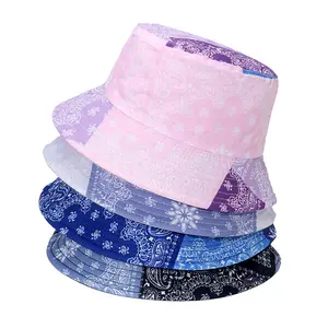 Japanese Hip Hop Summer Autumn Double Sided Black Blue Pink Patchwork Paisley Bandana Print Reversible Fisherman Cap Bucket Hat