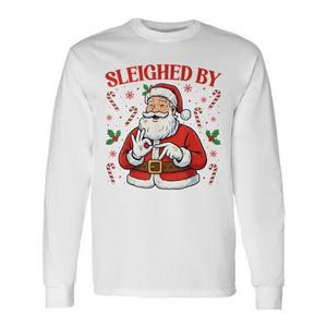 Maglietta a maniche lunghe con stampa digitale 'Sleighed By Santa Christmas Meme' per adulti, unisex, girocollo, promozionale - Product Image 1