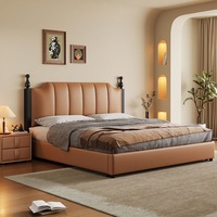 Modernes Vintage Öko-Freundliches Gepolstertes Plattformbett mit Stauraum, Hohen Pfosten, Gestepptem PU-Leder-Kopfteil, Kiefernholz, Queen-Size Softbett