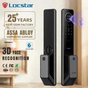 Locstar新しい3D顔認識指紋スマートカードパスワードプルアンドプッシュハンドルスマートドアロックカメラ付き