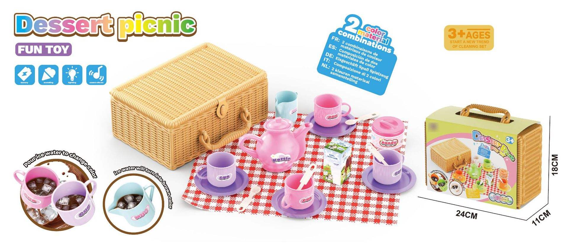 Ensemble de pique-nique pour le thé : panier, tasses, récipient isotherme, assortiment bicolore.