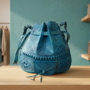 Sac à dos en cuir véritable bleu fait main avec fermeture à cordon, style classique, sac de voyage durable pour femmes - Product Image 5