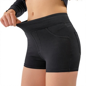 Shorts en jean taille haute pour femme, couleur unie, taille élastique, style décontracté avec poches, respirant, coupe régulière, délavé - Product Image 6