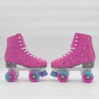 Magnifiques patins à roulettes roses avec strass pour filles, design scintillant, doublure en velours confortable, roues classiques en PU, roulements ABEC-7