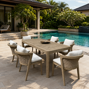 Hangkai Modern Teak Wood <b>Outdoor</b> Dining Furniture Set Waterproof <b>Cushions</b> 6-Person Table Chair Set for Villa Hotel <b>Garden</b> Use - Product Image 1