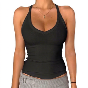 Nouvelle collection Printemps/Été 2026 – Gilet respirant en polyester côtelé tricoté, col en V, style vintage, coupe ajustée et sexy pour femme, idéal comme sous-vêtement. - Product Image 1