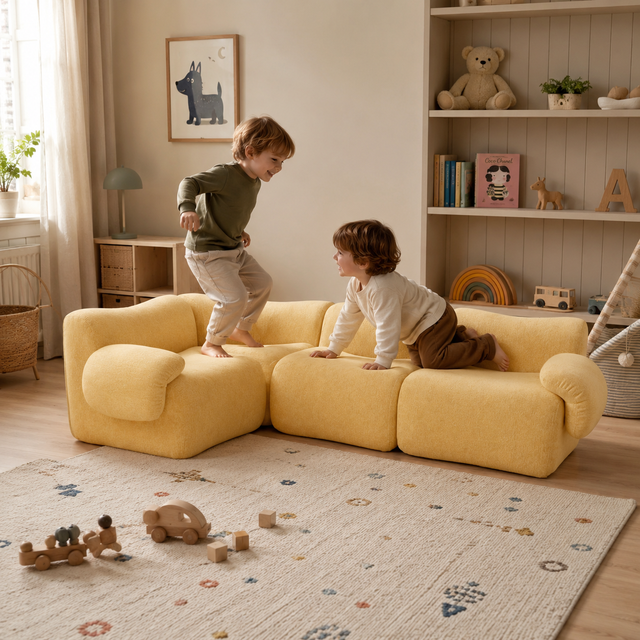 Modular Kids Sectional Sofa Sponge Filled Foam Cushioned L Shaped Fabric Corner Sofa Set for Playroom