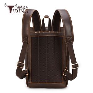 Tiding Men's Genuine <b>Leather</b> <b>Backpack</b> <b>Large</b> Capacity Casual Travel <b>Backpack</b> Dark Brown 20L Below - Product Image 2