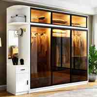 Armoire de chambre moderne en bois avec portes en verre fumé, éclairage LED, tiroirs et étagères personnalisés pour le rangement des vêtements, zone repas