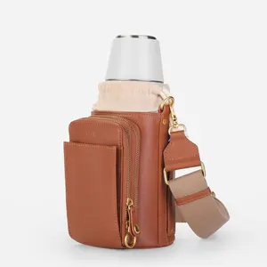 Custom Waterproof Sport Leather Sling Bottle Holder Handbag Drawstring Water Bottle Crossbody Purse Bag With Pocket