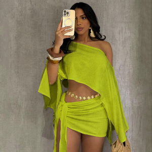 Conjunto de 2 Piezas de Lujo para Mujer, Top Corto Irregular con Hombros Descubiertos <span class=keywords><strong>y</strong></span> Falda Mini, Conjunto Sexy a la <span class=keywords><strong>Moda</strong></span> - Product Image 6