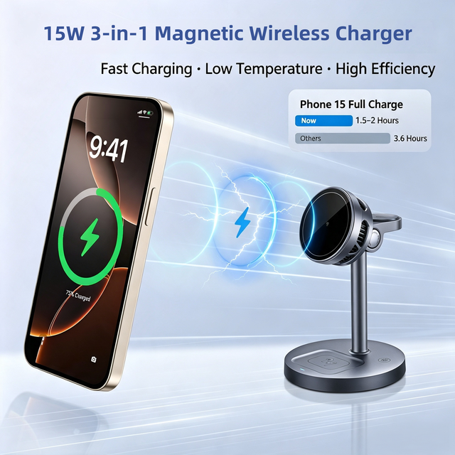 15W 3-in-1 Magnetic Wireless Charger Q.2 Charging Stand for Phones Watches Earbuds TEC Refrigeration Built-in Fan PC Material