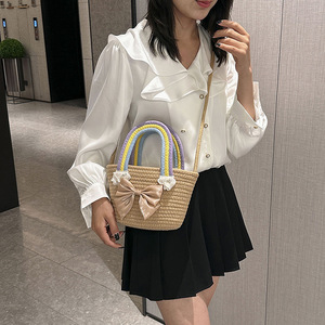 <b>Rainbow</b> Handbag Women Handmade Cotton Thread Straw Bucket <b>Bag</b> Khaki Off White Fashion Trend Everyday Outfits Summer 2023 - Product Image 1