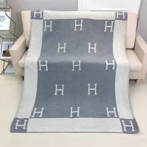 Classic H Letter Pure Woolen Plaid Turkish Cashmere Wool Fleece Throw Blanket For Spring