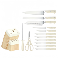 Ensemble de couteaux de cuisine HORECA professionnel 14 pièces en acier inoxydable avec manche blanc crème et bloc à couteaux en bois – Couteaux à steak inclus
