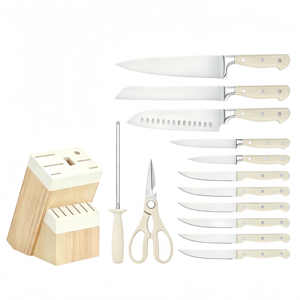 Ensemble de couteaux de cuisine HORECA professionnel 14 pièces en acier inoxydable avec manche blanc crème et bloc à couteaux en bois – Couteaux à steak inclus - Product Image 1