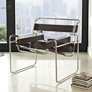 Ghế bành thiết kế giữa thế kỷ, khung thép không gỉ, ghế bành da trắng, ghế nghỉ ngơi, ghế trang trí bằng da bò - Product Image 1