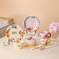 Service de table en céramique Stitch dessin animé pour enfants, ensemble vaisselle Winnie l'ourson, bol, assiette, tasse, cuillère, coffret cadeau, vaisselle en porcelaine pour enfants