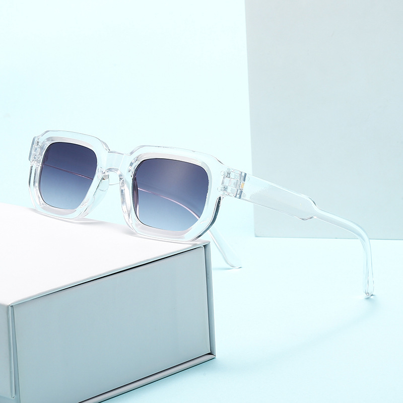 Montura transparente, lente gris.
