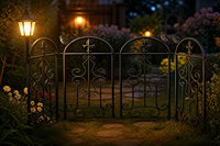 Lanterne solaire décorative pour clôture de jardin avec panneaux en fer forgé, motifs floraux, design écologique et durable, piquets de fixation au sol