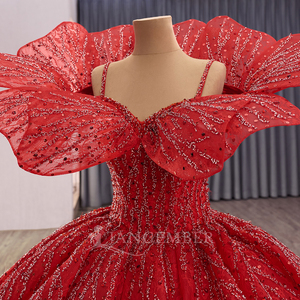 Robes de mariée élégantes à épaules dénudées, en dentelle rouge perlée avec appliques, pour la mariée, robes de mariée à volants, Vestido De Noiva Rsm251019 - Product Image 4