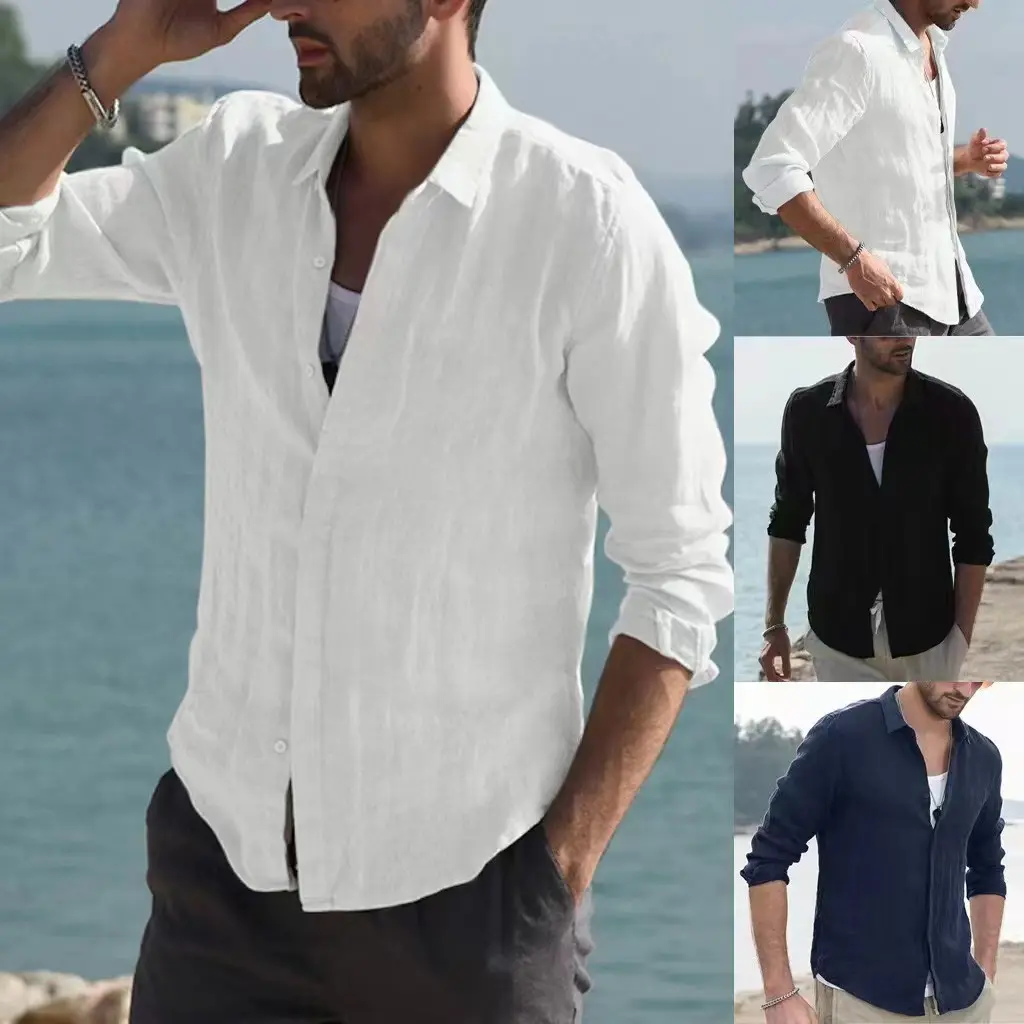 Camisa de lino con botones para hombre, ropa informal de alta calidad, lista para enviar
