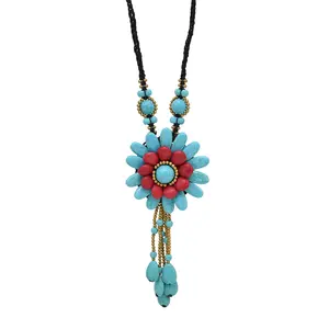 Tibetan Turquoise Flower Pendant Necklace Cute Reconstructed Red Coral Floral Wonder Dangle Necklace