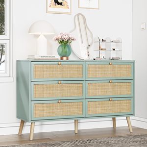 Combohome <span class=keywords><strong>Vintage</strong></span> Rattan naturale e legno MDF 6 cassetti <span class=keywords><strong>comò</strong></span> per <span class=keywords><strong>camera</strong></span> <span class=keywords><strong>da</strong></span> <span class=keywords><strong>letto</strong></span>, metà del secolo moderna cassettone con robuste gambe in legno - Product Image 1
