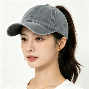 Gorra de béisbol deportiva de algodón lavado con orificio para cola de caballo y moño alto, ajustable, vintage, desgastada, unisex, al por mayor - Product Image 1