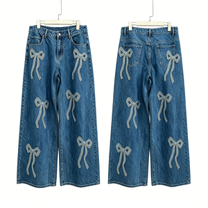 Pantalones Vaqueros de Mezclilla para Mujer Huanqiu, Diseño Retro con Lazo de Cristal Brillante, Vaqueros Elegantes de Alta Calidad para Mujer, Fabricante - Product Image 1