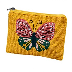 Monedero con cuentas, patrón de mariposa amarilla, cierre de cremallera hecho a mano, estilo bohemio, mini unisex - Product Image 1