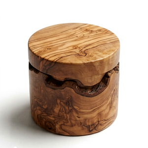 Boîte à sel en bois d'olivier ronde avec couvercle, boîte de rangement pour épices faite à la main, récipient à assaisonnements en bois pour comptoir de cuisine, boîte artisanale - Product Image 1