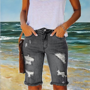 Pantalones cortos de mezclilla de verano para mujer, personalizados, básicos, rasgados, elásticos, ajustados, de cintura alta, informales, transpirables, esenciales de verano - Product Image 2