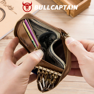 Cartera BULLCAPTAIN RFID para Hombre, de Cuero Marrón Retro, con Ranuras para Tarjetas, Cierre de Cremallera, Mini Porta Tarjetas, Llavero, de Cuero Genuino - Product Image 4