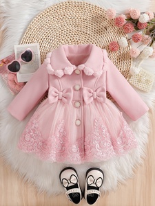 Cappotto in pile <span class=keywords><strong>rosa</strong></span> da <span class=keywords><strong>bambina</strong></span> con stampa floreale autunno/inverno, casual, monopetto, con fiocco, bottoni, risvolto, poncho in pelliccia e pizzo a rete, a maniche lunghe - Product Image 1