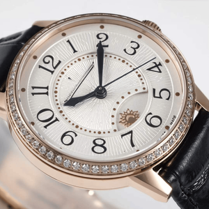 Day Night Function Diamond Bezel Guilloche Dial Leather Strap Polished Metal Case for Daily and Evening Wear - Product Image 2