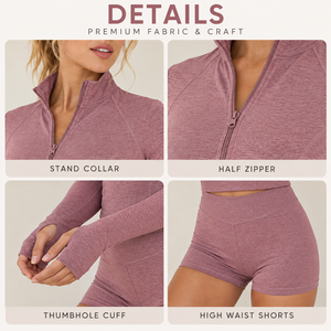 Completo Sportivo da Donna Personalizzato con Mezza Zip <span class=keywords><strong>e</strong></span> Colletto alla Coreana, Pantaloncini a Vita Alta per Yoga - Product Image 5