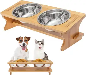 凸起的宠物碗-高架竹制耐用碗食物给水架，带2个不锈钢碗，适用于中小型狗C